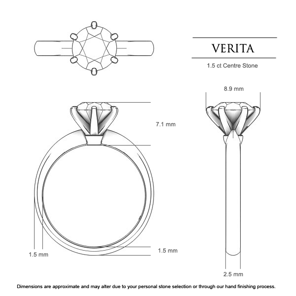 Verita Round Brilliant Engagement Ring in 18kt Yellow Gold AU - Dimensions