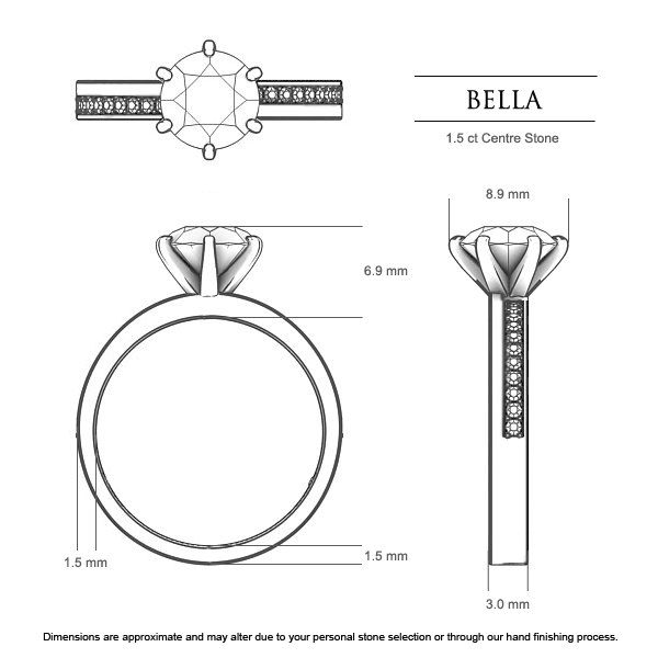 Bella Round Brilliant Engagement Ring in Platinum 950 AU - Dimensions