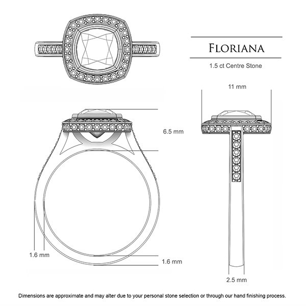 Floriana Cushion Diamond Ring in Platinum 950 AU - Dimensions
