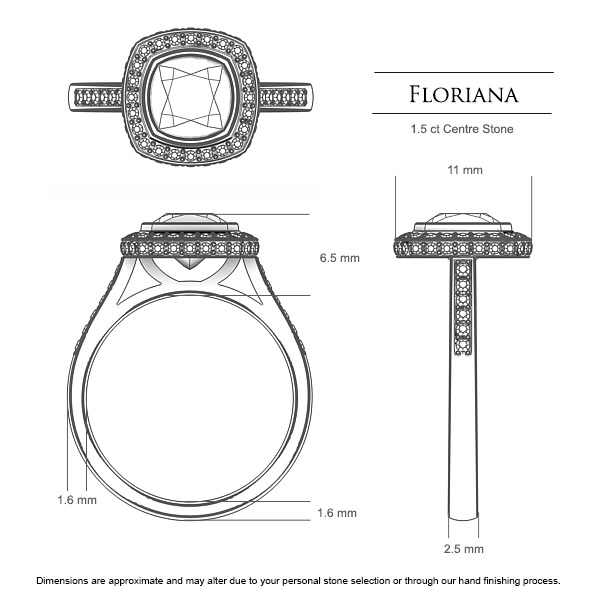 Floriana Cushion Diamond Ring in 18kt Yellow Gold AU - Dimensions