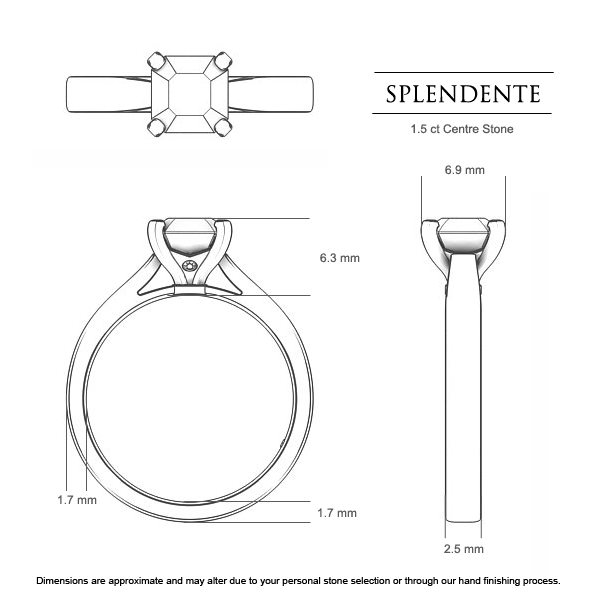 Splendente Asscher Diamond Ring in Platinum 950 AU - Dimensions