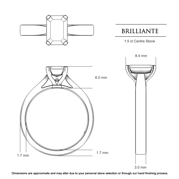 Brilliante Emerald Diamond Ring in 18kt White Gold AU - Dimensions
