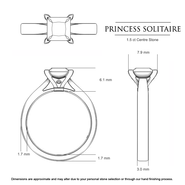 Princess Solitaire Princess Diamond Ring in 18kt Yellow Gold AU - Dimensions