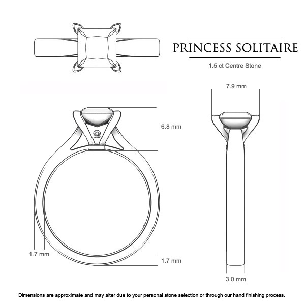 Princess Solitaire Princess Engagement Ring in 18kt White Gold AU - Dimensions
