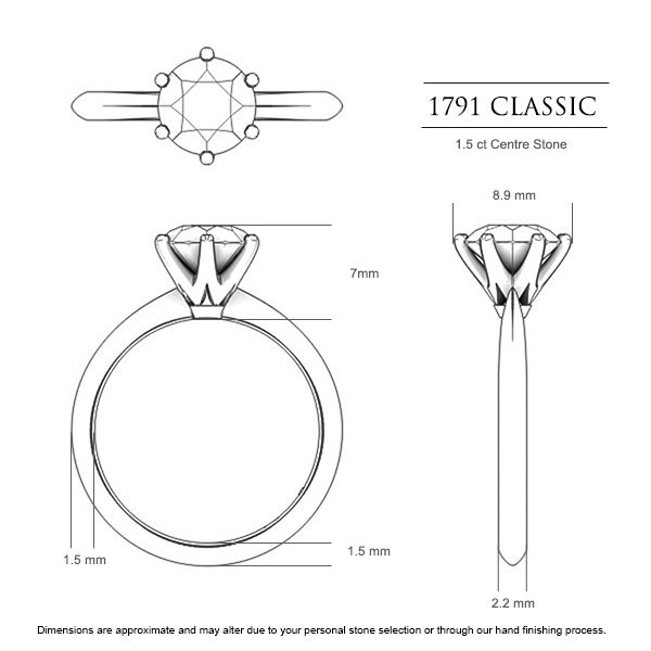 1791 Classic Round Brilliant Engagement Ring in Platinum 950 AU - Dimensions