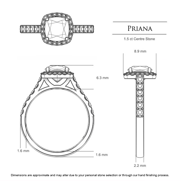Priana Cushion Diamond Ring in Platinum 950 AU - Dimensions