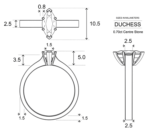 Duchess Marquise Diamond Ring in Platinum 950 AU - Dimensions
