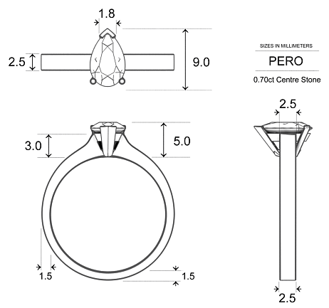 Pero Pear Diamond Ring in Platinum 950 AU - Dimensions