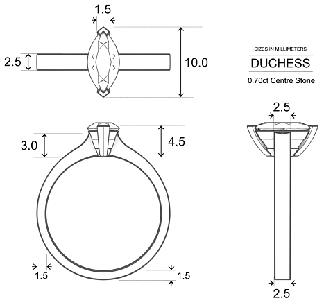 Duchess Marquise Diamond Ring in 18kt White Gold AU - Dimensions