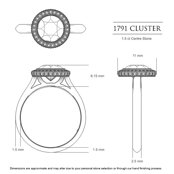 1791 Cluster Round Brilliant Engagement Ring in Platinum 950 AU - Dimensions