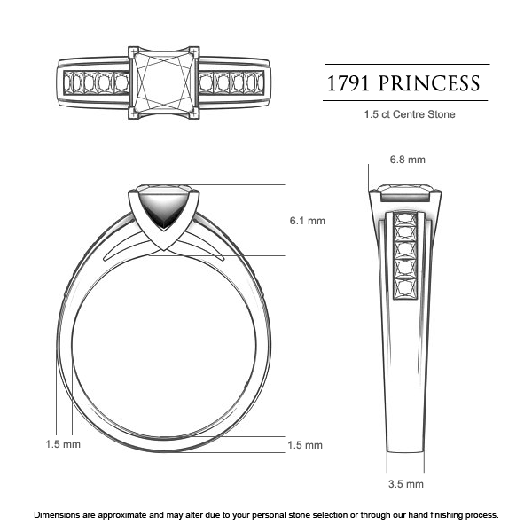 1791 Princess Princess Engagement Ring in 18kt Yellow Gold AU - Dimensions