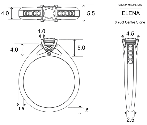 Elena Princess Diamond Ring in Platinum 950 AU - Dimensions