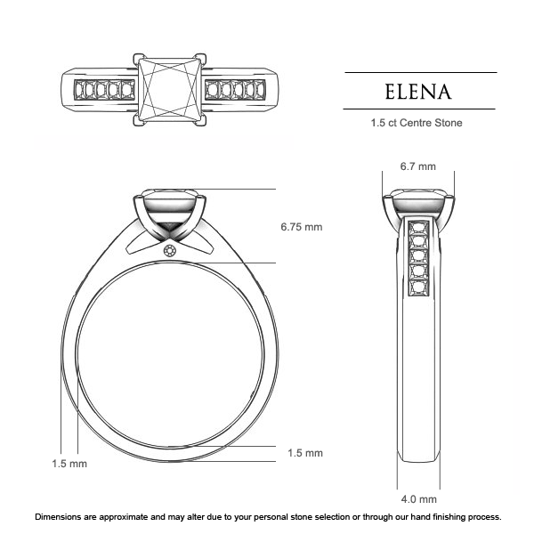 Elena Princess Engagement Ring in Platinum 950 AU - Dimensions