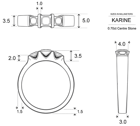 Karine Princess Diamond Ring in Platinum 950 AU - Dimensions