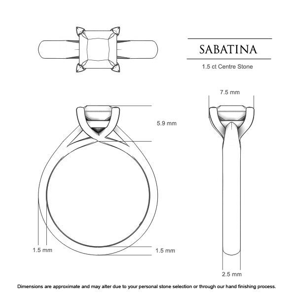 Sabatina Princess Diamond Ring in 18kt White Gold AU - Dimensions