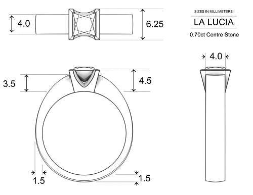 La Lucia Princess Diamond Ring in Platinum 950 AU - Dimensions