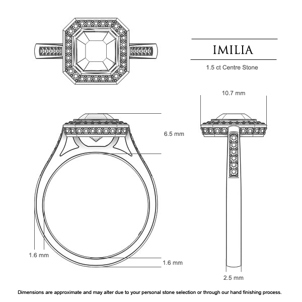Imilia Asscher Diamond Ring in Platinum 950 AU - Dimensions