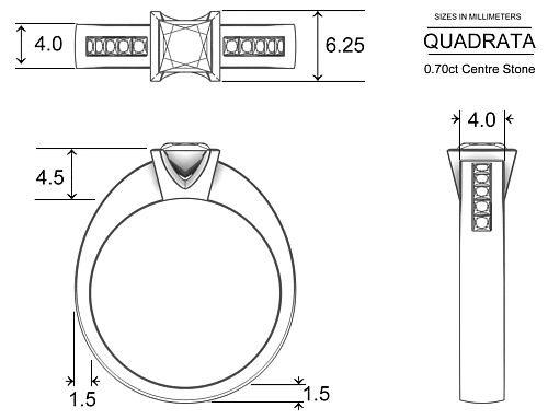 Quadrata Princess Diamond Ring in Platinum 950 AU - Dimensions