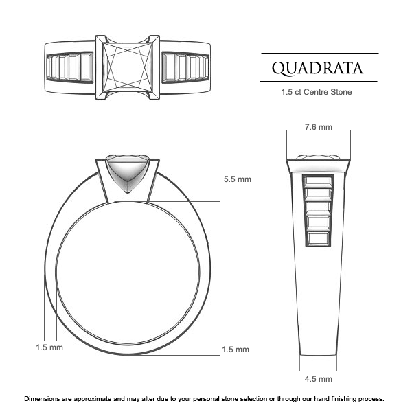 Quadrata Princess Diamond Ring in 18kt Yellow Gold AU - Dimensions