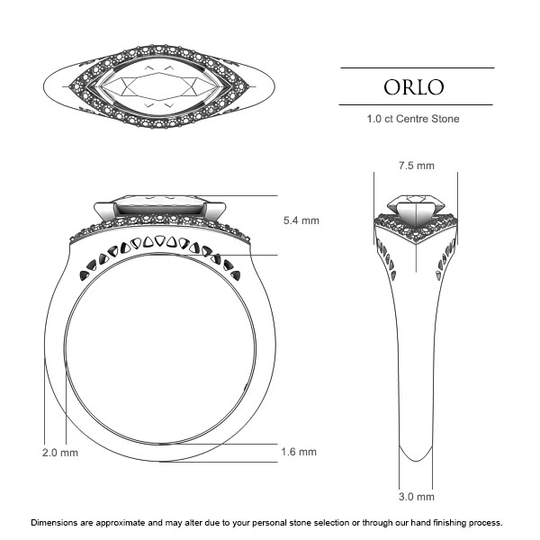 Orlo Marquise Diamond Ring in Platinum 950 AU - Dimensions