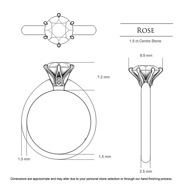 Rose Round Brilliant Diamond Ring in 18kt Yellow Gold AU - Dimensions