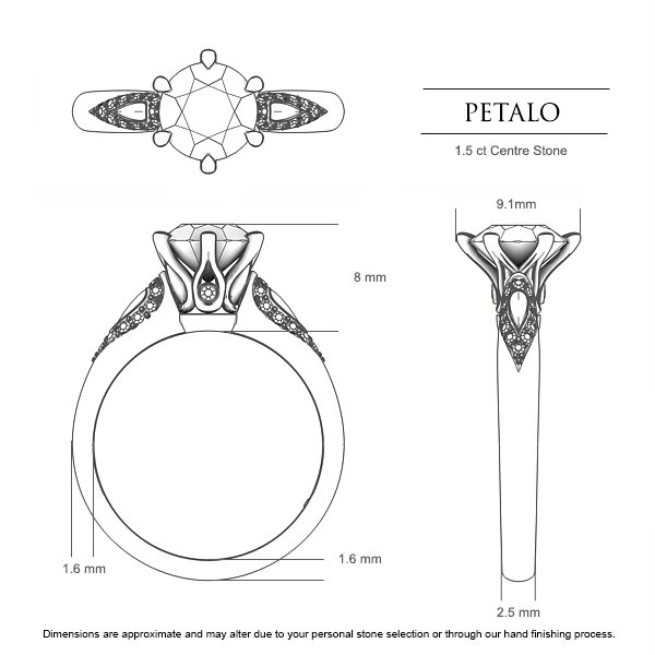 Petalo Round Brilliant Diamond Ring in 18kt White Gold AU - Dimensions