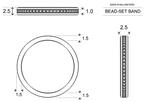 Bead-set Band Wedding Band in Platinum 950 AU - Dimensions
